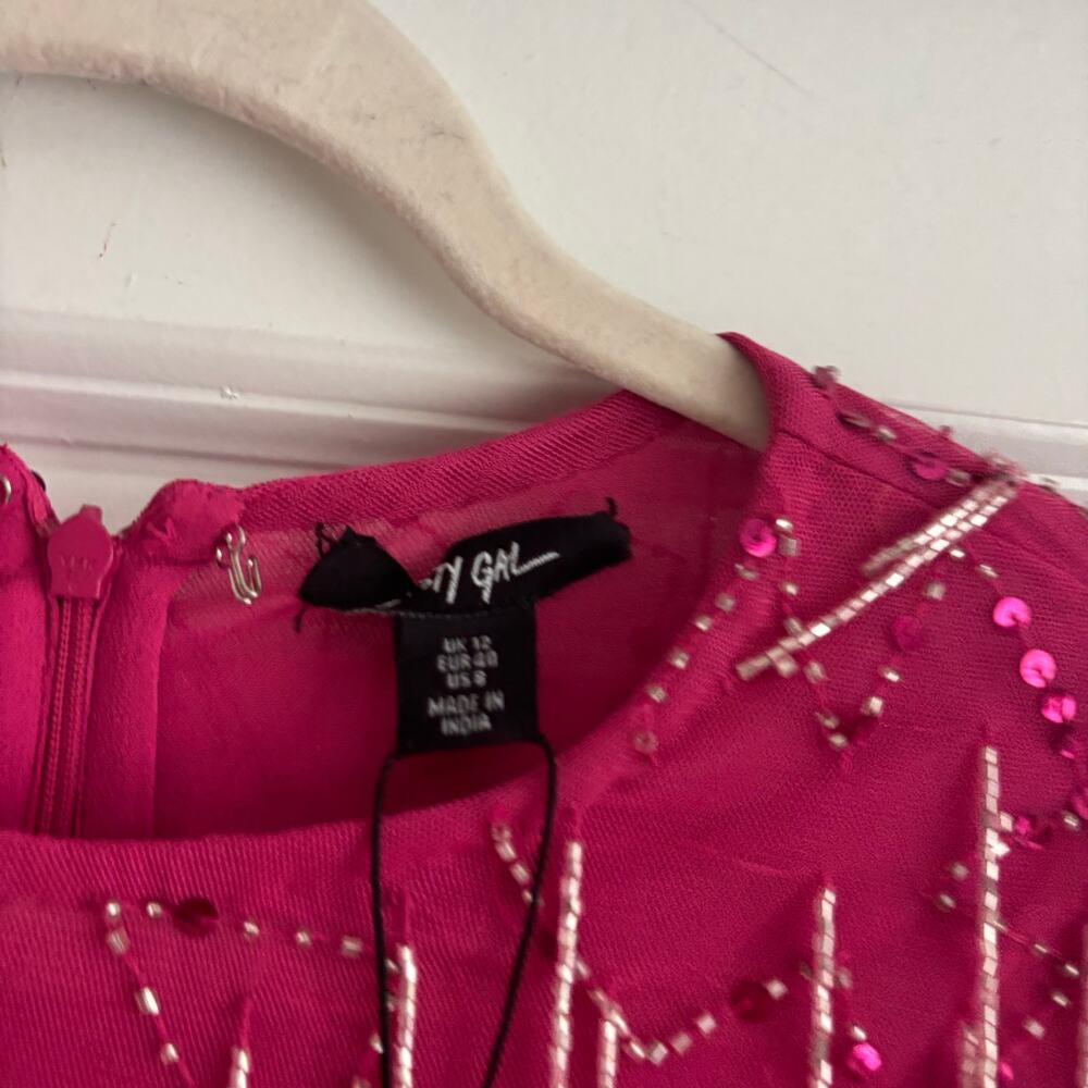 NWT Nasty Gal Tassel Beaded Mini Shift Dress Size 8 Party Hot Pink Festival - Picture 3 of 13
